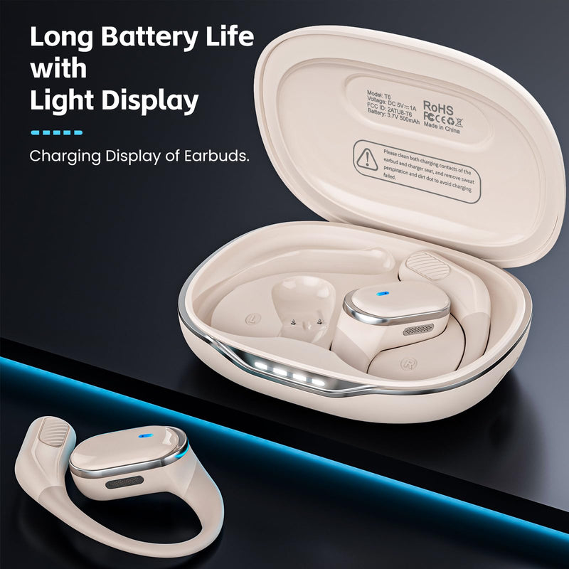Open Ear Wireless Earbuds Bluetooth Headphones, 80H Playtime Stereo Ear Buds with ENC Noise Cancelling, Fast Charging, IPX7 Waterproof Sports Earphones with Earhook for Running/Workouts (White) White