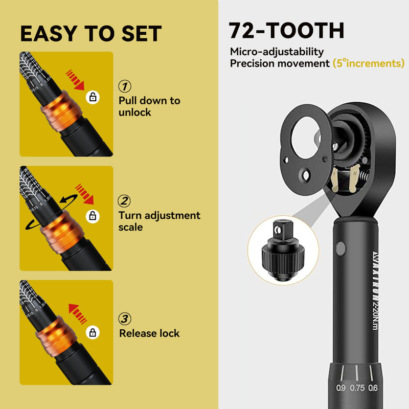 32-Pc Bike Torque Wrench Set, 1/4-Inch Dr. Click Torque Wrench and Bit Kit, 2-20 Nm Micro Adjustment, 72-Tooth Ratchet Head, Portable Round Pouch 32-Piece