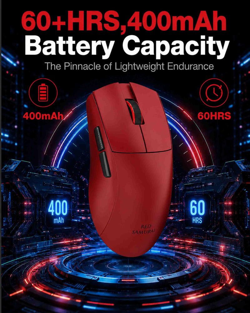 RED SAMURAI Wireless Gaming Mouse, 51g Ultra-Light, Tri-Mode,Red | Ultra-lightweight 51g body, Tri-mode BT/2.4G/USB-C wired, 26K DPI precision optical sensor, 1000Hz polling rate Red