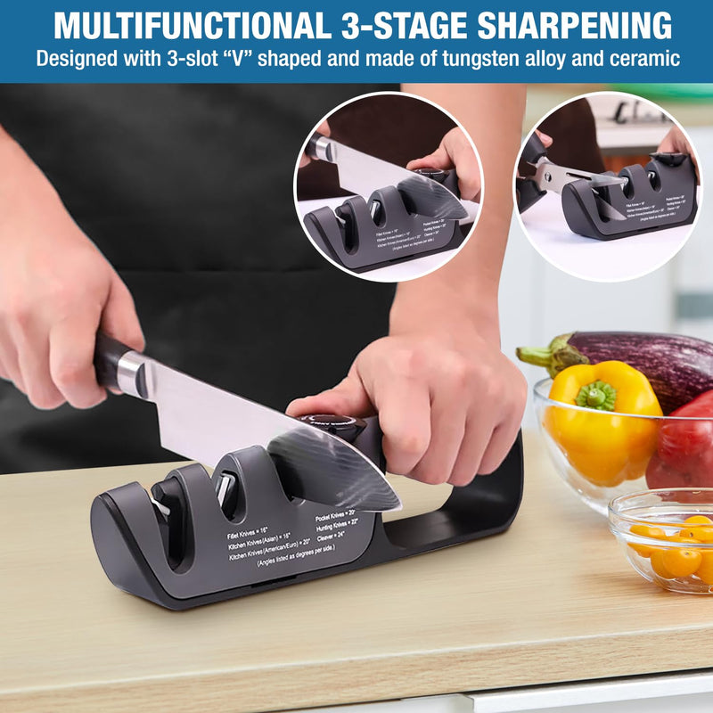 Adjustable Knife Sharpener Kit – Angle Control, Non-Slip Base & Ergonomic Handle – Safe Kitchen Knife Sharpener for Steel & Pocket Knives – Sharpening Tool with Scissors Slot