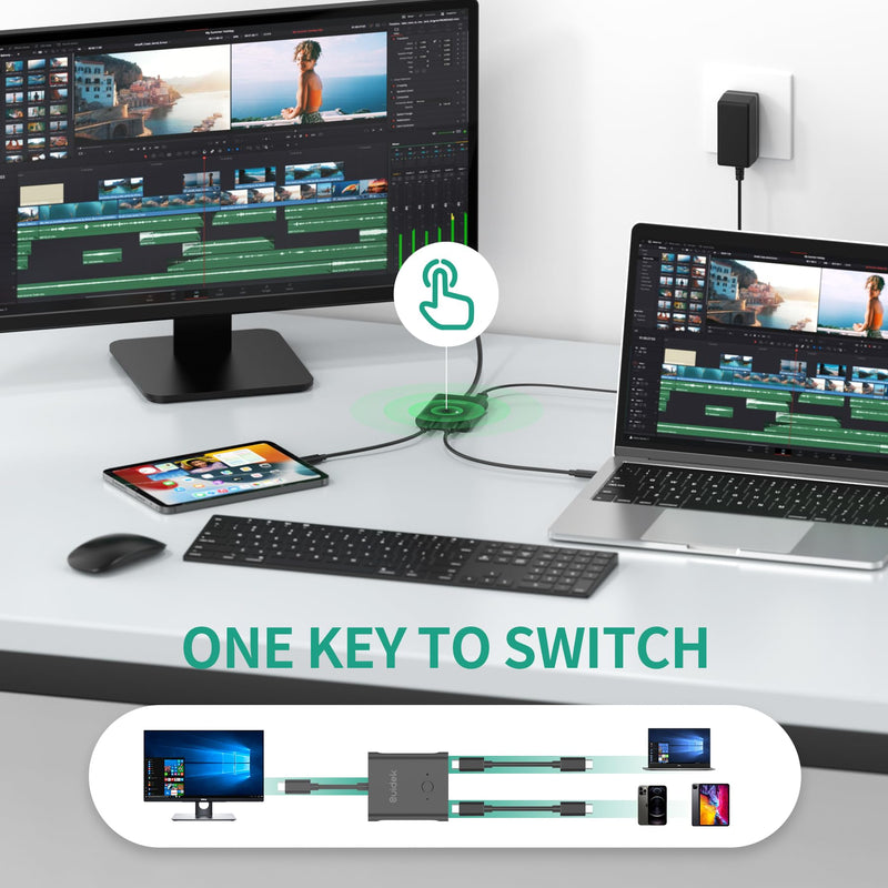 USB C Switch, USB C Switcher 1 in 2 Out/2 in 1 Out Support 8K@60Hz Video 100W PD Fast Charging, with 5V 1A Power Adapter Black