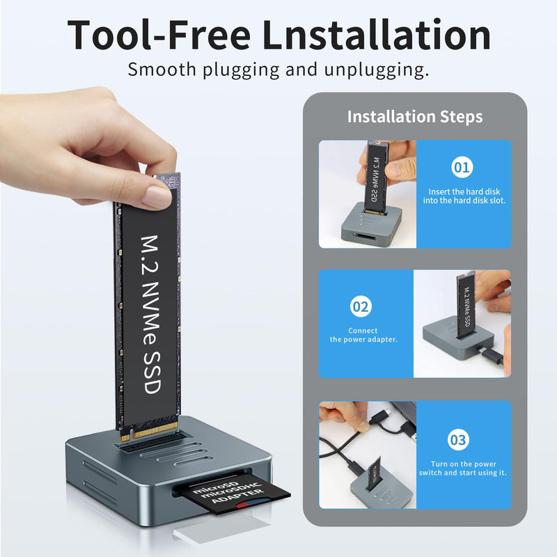 Aluminum M.2 NVMe Enclosure Docking Station, 10Gbps | Tool-Free Vertical SSD Adapter, USB-C/A, PCIe M-Key/B+M Key for 2230-22110, SD Reader, Aluminum Case