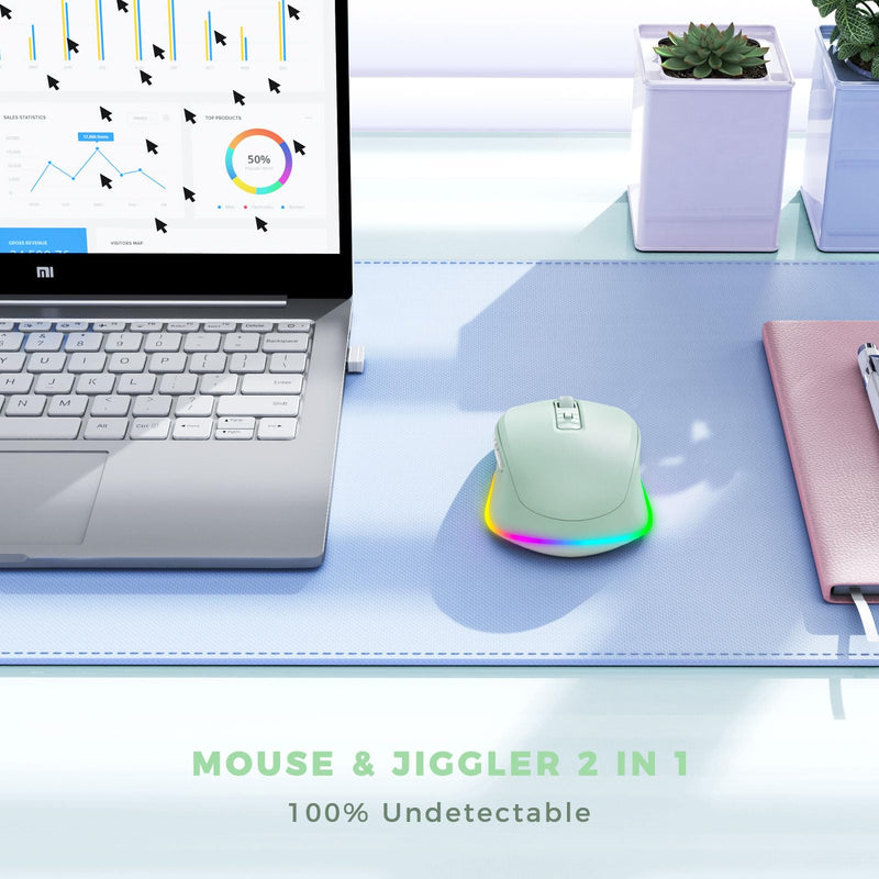 PEIOUS Wireless Mouse Jiggler - LED Wireless Mice with Build-in Mouse Mover, Rechargeable Moving Mouse for Laptop with Undetectable Random Movement Keeps Computers Awake-Light Green Light Green