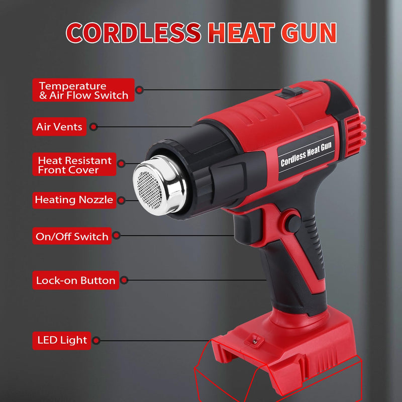 380W Cordless Heat Gun for Milwaukee M18 Battery Users – 572°F and 1022°F Dual Temp, Temp Lock, LED Light, 4 Nozzles, 4S Auto-Cool, Overheat Protection | Shrink Tubing, Vinyl Wrap, Electrical Work