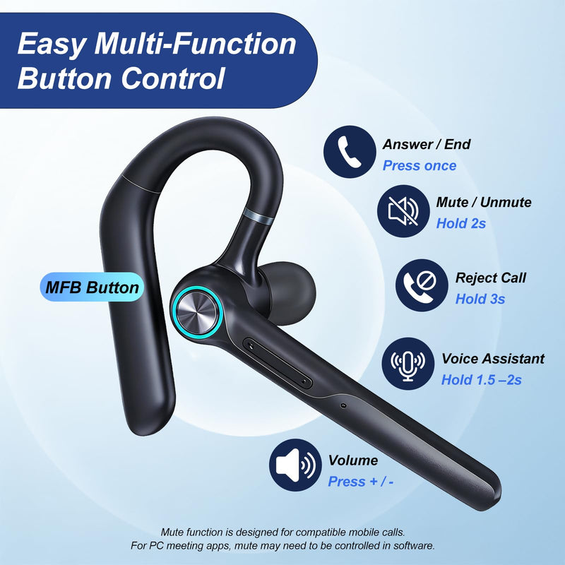 ONE LIFE Bluetooth Headset with Microphone, Bluetooth Earpiece for Work, Wireless Headset with Mic, 15H Talk Time, 500mAh Charging Case, Bluetooth 5.3, LED Display for Office, Laptop, Phone, Driving Black