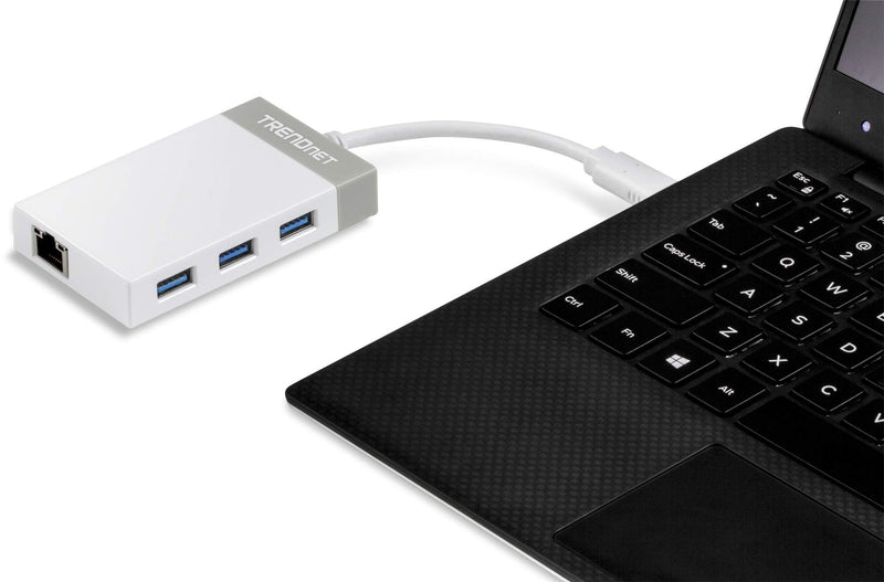 TRENDnet USB C to Ethernet Gigabit Adapter, TUC-ETGH3, Compact USB Type C Hub, 3 x USB 3.0 Ports, 1 x RJ-45 Gigabit Ethernet Port, Windows and Mac Compatible, White USB-C 1 x Gigabit| 3 x USB