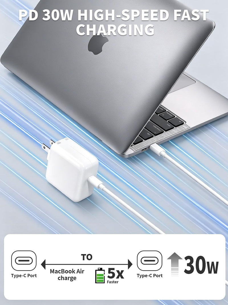 Mac Book Air Charger,Apple 30W USB C Power Adapter With 10FT USB C-C Cable, Foldable Block Macbook USB C Charger Fast Charging for Macbook Air M5/M4/M3/M2/M1,iPhone 17 Pro Max/16 Pro/15, iPad/Air/Mini