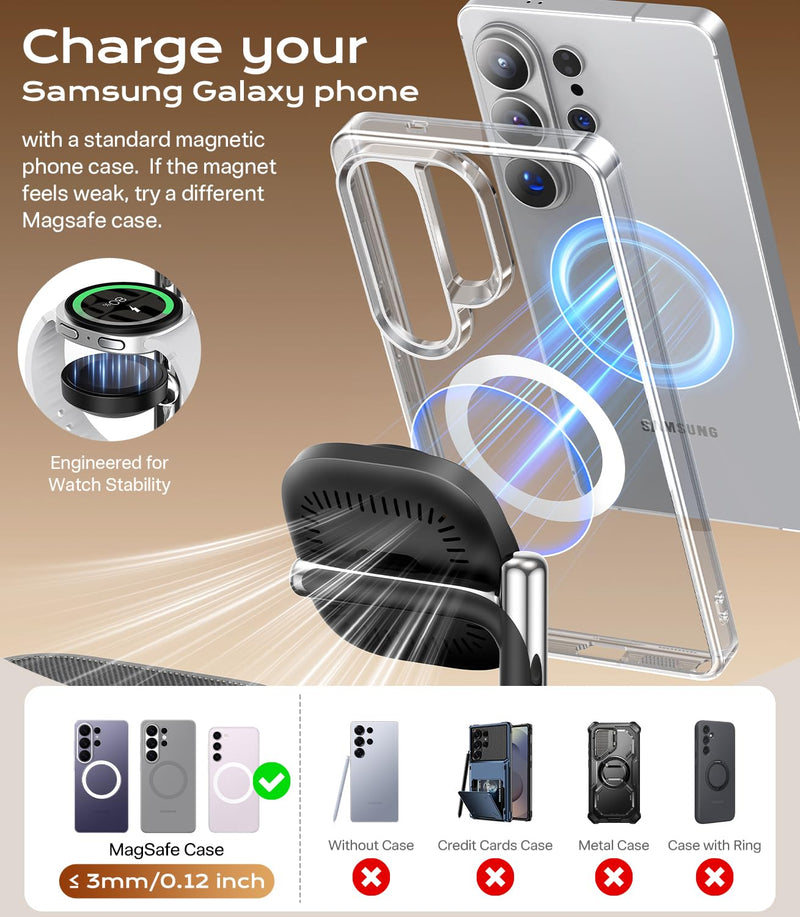 Meifigno 25W 5 in 1 Charging Station for Galaxy S26 Ultra with Bluetooth Speaker/Alarm Clock/Night Light, Qi2.2 Fast Magnetic Wireless Charger with 45W Adapter for S26/Z Fold7, for Galaxy Watch 8/Buds 25W for Samsung