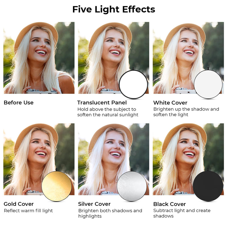 K&F CONCEPT 5-in-1 Light Reflector 32"(80cm) Photography Diffuser Collapsible Portable for Studio and Outdoor Lighting Gold Silver White Black Translucent 32'' (80cm)