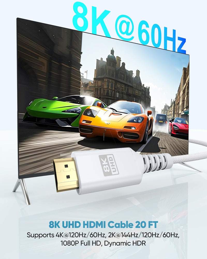 8K White HDMI Cable 20 FT, HDMI 2.1 Cable 20FT Ultra High Speed eARC Braided Long HDMI Cord with 8K@60Hz, 4K@120Hz, HDR10+, Dolby, 3D, HDCP2.3 for Laptop/Monitor/HDTV/Soundbar/Blu-ray/PS5/Xbox 1