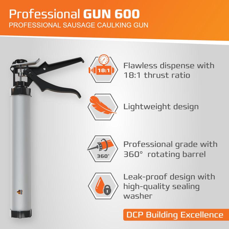 DCP Professional Gun 600 Sausage Caulk Gun 20 oz. - Manual Polyurethane & Silicone Gun for Sausage Sealants - 18:1 Thrust Ratio Application Tool with Comfortable Grip