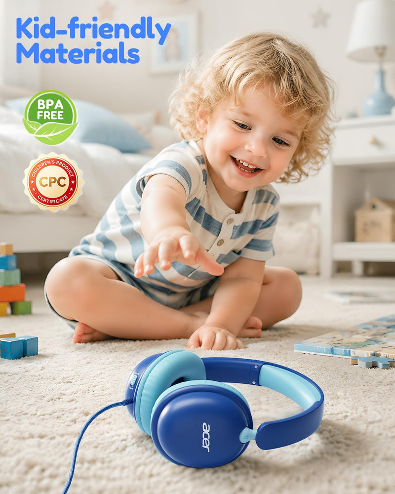 Acer OHW355 Kids Headphones with Cord for School,Over Ear Wired Headphones | 74/85dB Volume Limit, Foldable 3.5mm Jack, Stereo Sound, for Tablet/Computer/Travel/Chromebook-Blue Cyan Blue Cyan