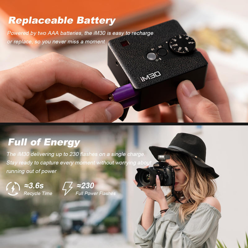 Godox iM30 Mini Camera Flash with Diffuser GN 15 CCT 6500K±200K | 7 Levels Flash Power Mini Flash Speedlite 230 Full-Power Flashe for Canon Sony zv1 zve10 Ricoh gr3 Nikon Fuji Olympus Camera IM30 with Diffuer