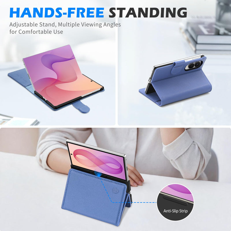 SHIELDON Genuine Leather Case Wallet for Galaxy Z Fold8, Wisteria Purple | RFID Blocking, Credit Card Holder, Magnetic Closure, Viewing Stand, Folio Design, Shockproof Phone Cover