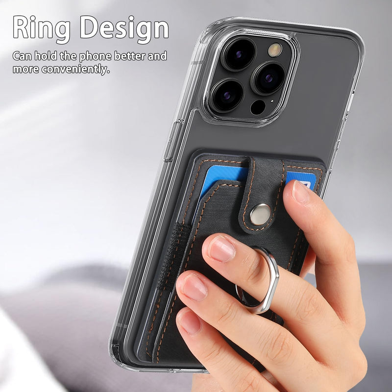Adhesive Phone Card Holder Wallet with 360° Ring Stand-Black ﻿ | Black stick-on card pouch holds up to 3 daily cards with snap closure, ring grip and kickstand for smooth flat phone backs