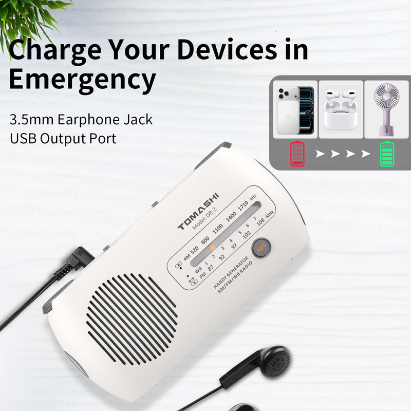 TOMASHI Portable NOAA Weather Radio, Hand Crank Emergency AM FM Radio | USB-C rechargeable, flashlight and SOS alarm. Compact hand crank radio with battery power for home, camping & power outages.