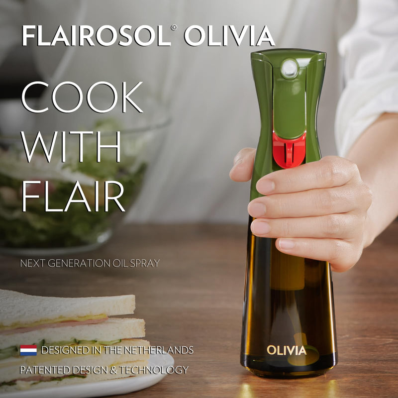 FLAIROSOL OLIVIA Oil Sprayer for Cooking, 200ml Glass Olive Oil Sprayer, Continuous Cooking Spray with Portion Control, Oil Dispenser for Kitchen, Air Fryer, Salad, BBQ (Green Bottle, Gold Print) 1 Pack Green