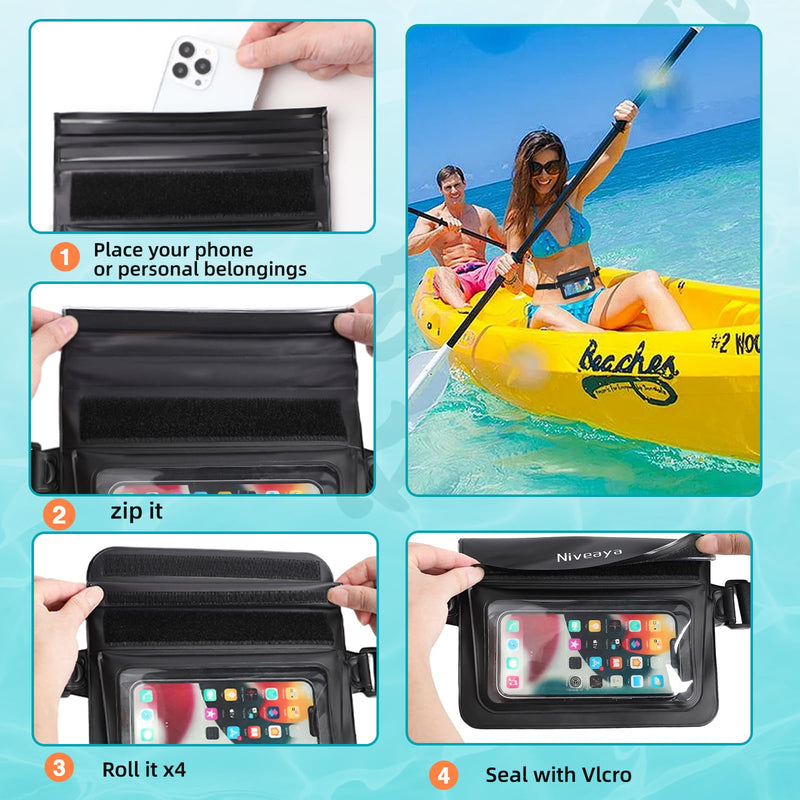 Niveaya Double Space Waterproof Fanny Pack, IPX8 Waterproof Dry Bag Waist Pouch for Beach, Kayaking, Swimming, Boat Travel Essentials, Waterproof Phone Bag & Passport Holder for Women Men(2 Pack) Black+Blue