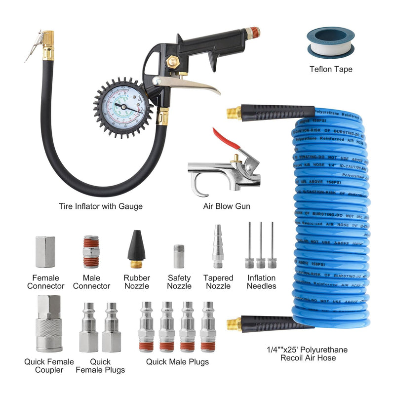 Gunpla 19 Pieces Air Compressor Accessories kit, Heavy Duty Air Blow Gun Air Hose Fittings and 150 PSI Tire Inflator Gauge, 1/4 in x 25 ft Recoil Poly Air Compressor Hose Kit