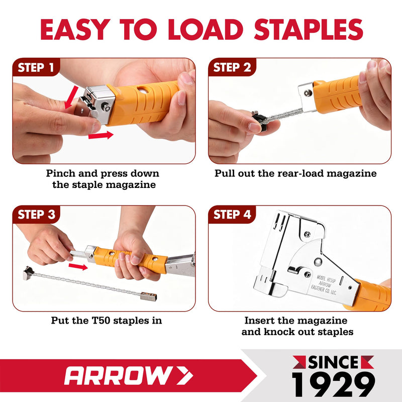 Arrow HT50 Heavy Duty Hammer Tacker, Chromed-Steel Manual Stapler with Sure-Grip Handle, Dual-Capacity Rear-Load Magazine, Fits 5/16”, 3/8", or 1/2" Staples (1-Pack)