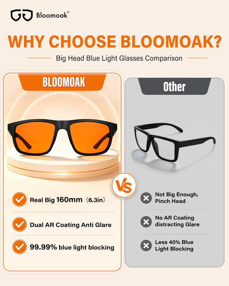 99% XXL Blue Light Glasses for Big Heads,160mm Wide Frame for Screens, Relieve Eye Strain, Improve Sleep, Anti Glare Orange Lens - DayNight