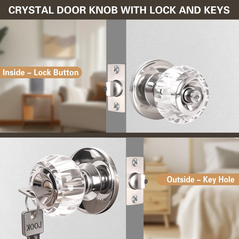 Crystal Door Knobs with Lock and Keys, Keyed Entry Glass Door Knobs, Exterior and Interior Door Lock with Keys, Clear Diamond Door Knob for Bedroom Bathroom, Stain Nickel, 1 Pack