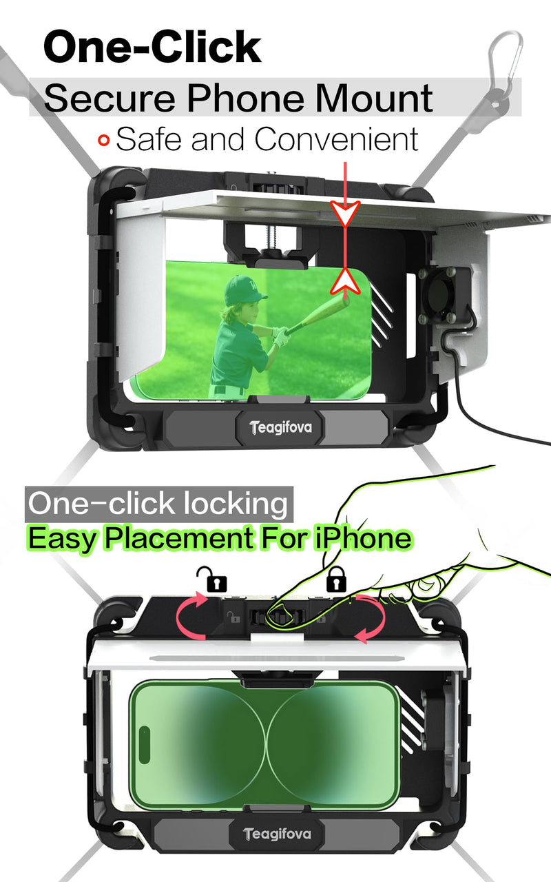 Phone Fence Mount with Sun Shade and Cooling Fan, Gamechanger Mounting Kit for Baseball Softball Tennis - Streaming Kit for iPhone, Clear View No Fence Bars in Frame (White) White