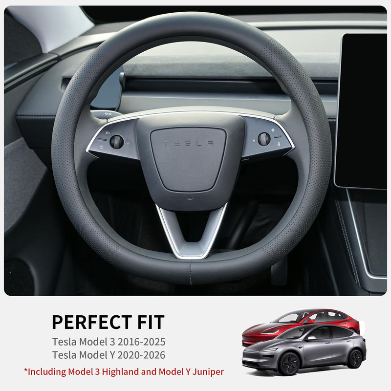 Nappa Leather Steering Wheel Cover for Tesla Model 3/Y 2016-2025 2026 Juniper/Highland, Non-Slip Breathable Tesla Model 3/Y Steering Wheel Protector, Black
