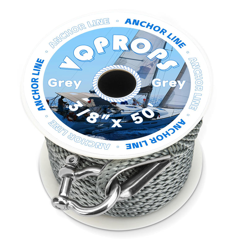 Anchor Line 3/8 inch 50ft. Grey Double Braided Nylon MFP Boat Anchor Rope ，with Stainless Steel Thimble and Shackle ，Anchor Line Fittings for Anchors and Boats Marine Rope
