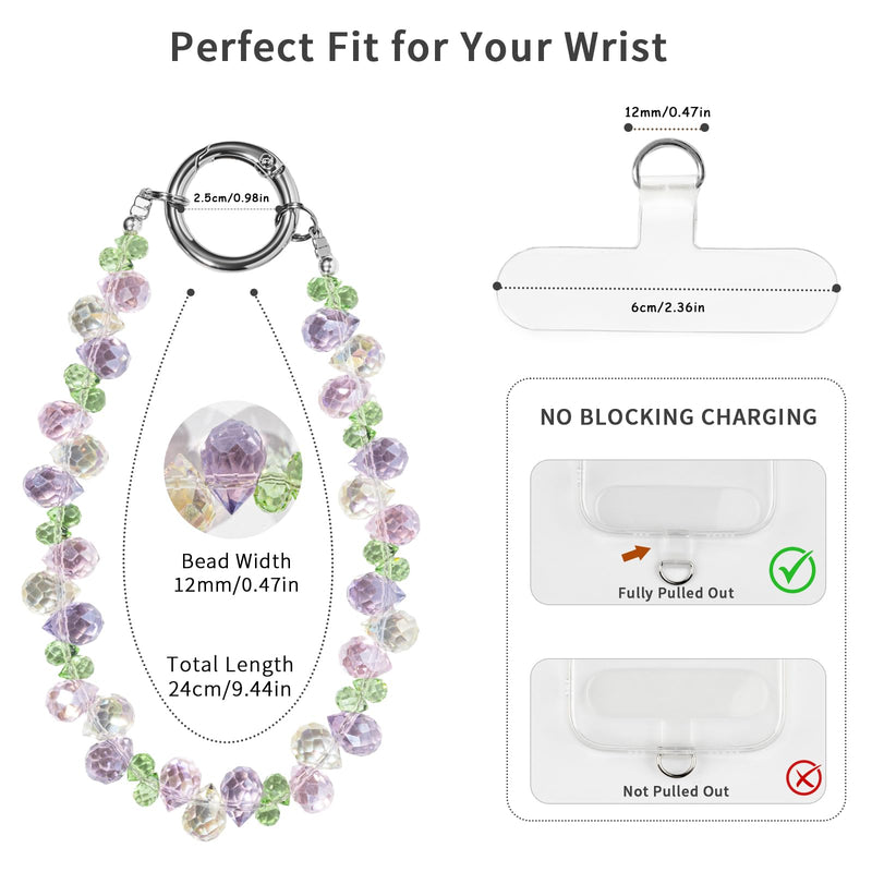Phone Wrist Strap, Beaded Phone Charm, Cellphone Chain Wristlet | Sparkle Crystal Phone Lanyard with Tether Tab for Women Daily Use, Strong Wire, Anti-Drop, Fits All Phones, Wristlet Keychain Lavender Mint