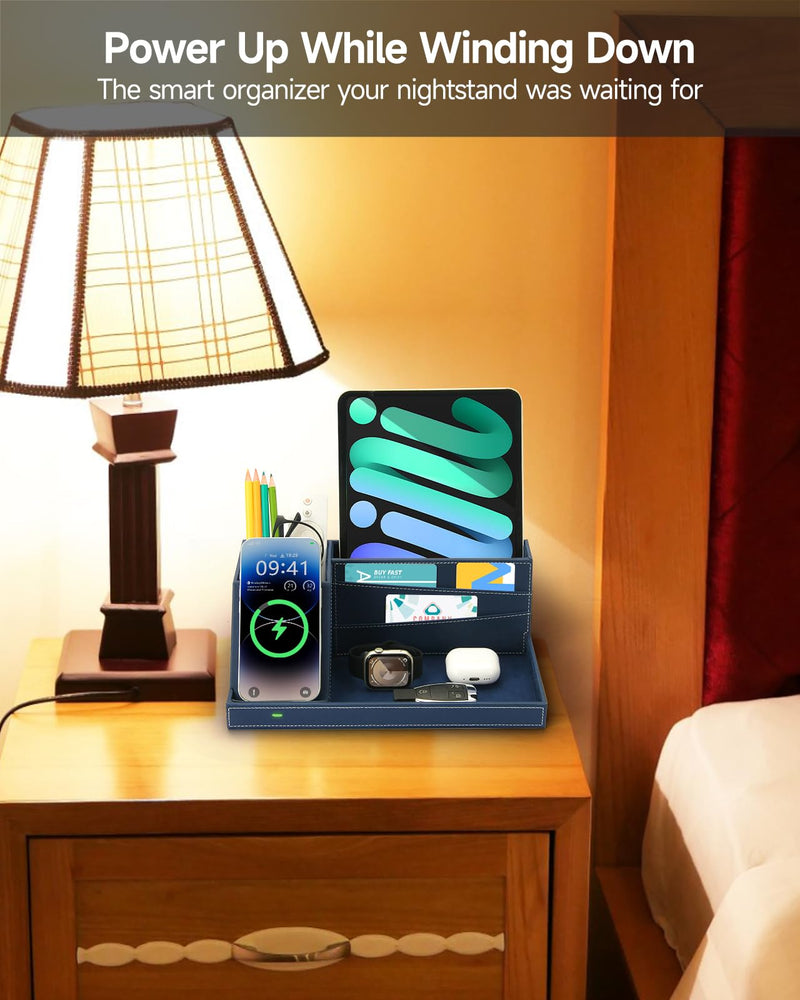 Desk Organizer with Charging Station, Nightstand Organizer Phone Docking Station, Men Gift Husband Wife Anniversary Dad Birthday Nightstand Purse Father Graduation Male Travel Idea Gadgets Blue