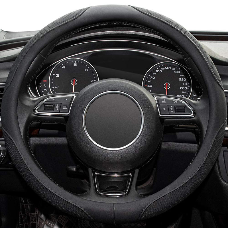 Xizopucy Car Steering Wheel Cover,14.5-15 Inch Black Universal Microfiber Leather Covers Breathable Anti-Slip Odorless Steering Wheels Accessories for Men Women Standard size[14 1/2''-15'']