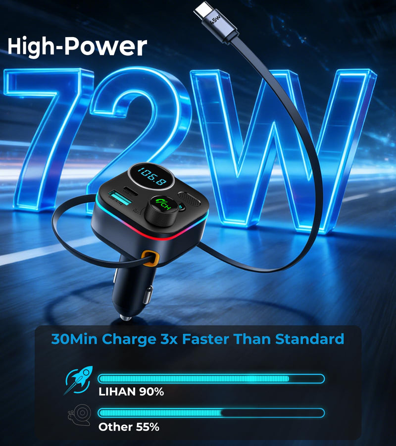 Bluetooth 5.4 FM Transmitter, 72W Car Charger with 45W Retractable USB-C PD | Built-in Cable, Hands-Free Calling, Deep Bass, LED Display, USB Drive Music Player for Cars Trucks
