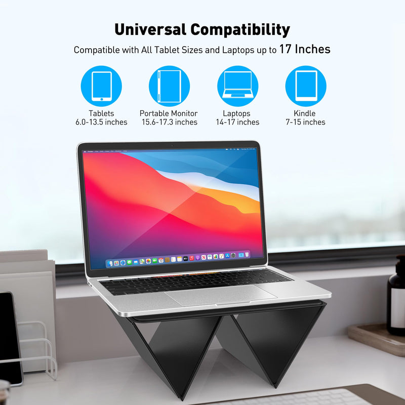 AboveTEK Ergonomic Laptop Stand & Tablet Holder for Desk,Portable Foldable Computer Riser,Adjustable Angle Travel Stand for MacBook Air/Pro,iPad,Fits 13-16 inch Devices,Ultra-Sleek PU Leather-(Black) Black