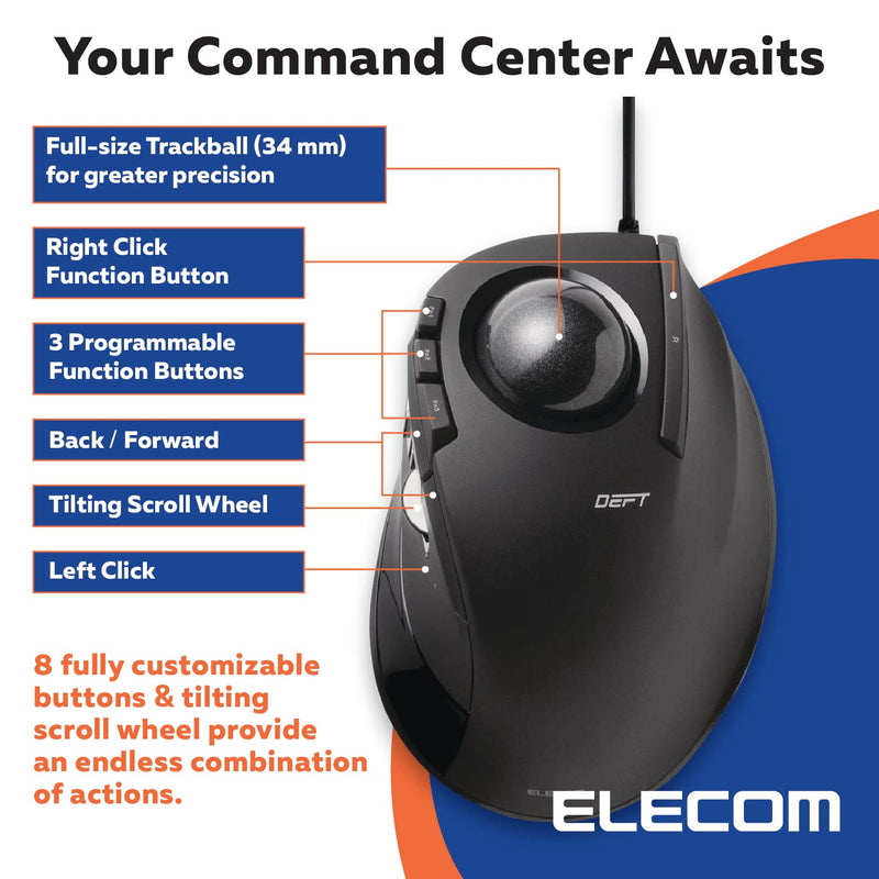 ELECOM DEFT Trackball Mouse, Wired, Finger Control, 8-Button Function with Smooth Tracking, Ergonomic Design, Windows11, macOS (M-DT2URBK) Black / Black ball