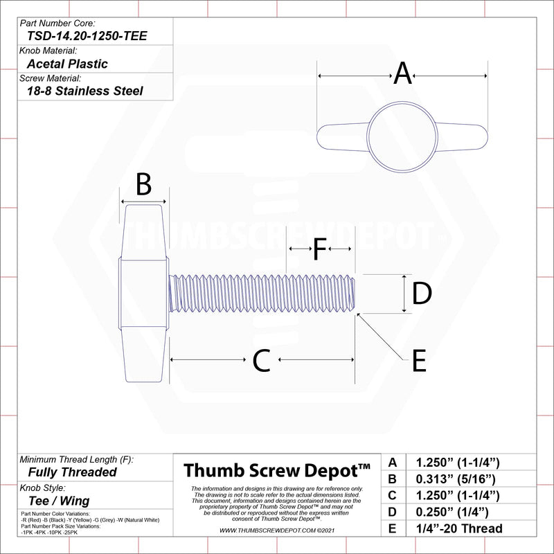 1/4"-20 x 1-1/4" Thumb Screw Stainless Steel - Red Tee Wing Plastic Knob - Standard/Coarse Thread Thumbscrew - Length: 1.250" - Proudly Built in USA - Package of (25) 25