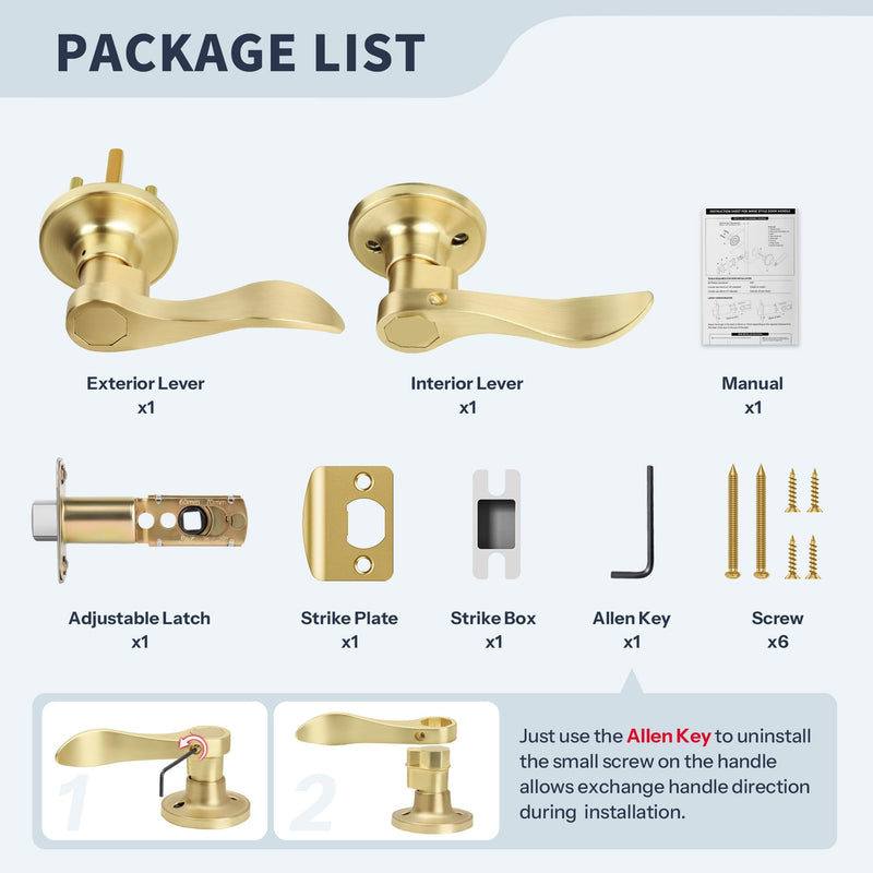 Wave Style Door Lever, Brushed Gold Passage Door Handle, Keyless Gold Interior Lever Reversible for Left/Right Handed for Hallway and Closet with Satin Brass Finish, 1 Pack Passage (No Lock & keys)