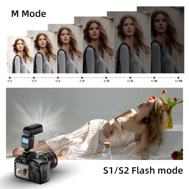 PHOTOOLEX Camera Flash Speedlite FK310, GN33 LCD Display, Manual S1/S2 | Universal single-contact hot shoe for Canon Nikon Sony Fujifilm Olympus. 8-level power. Metal mount