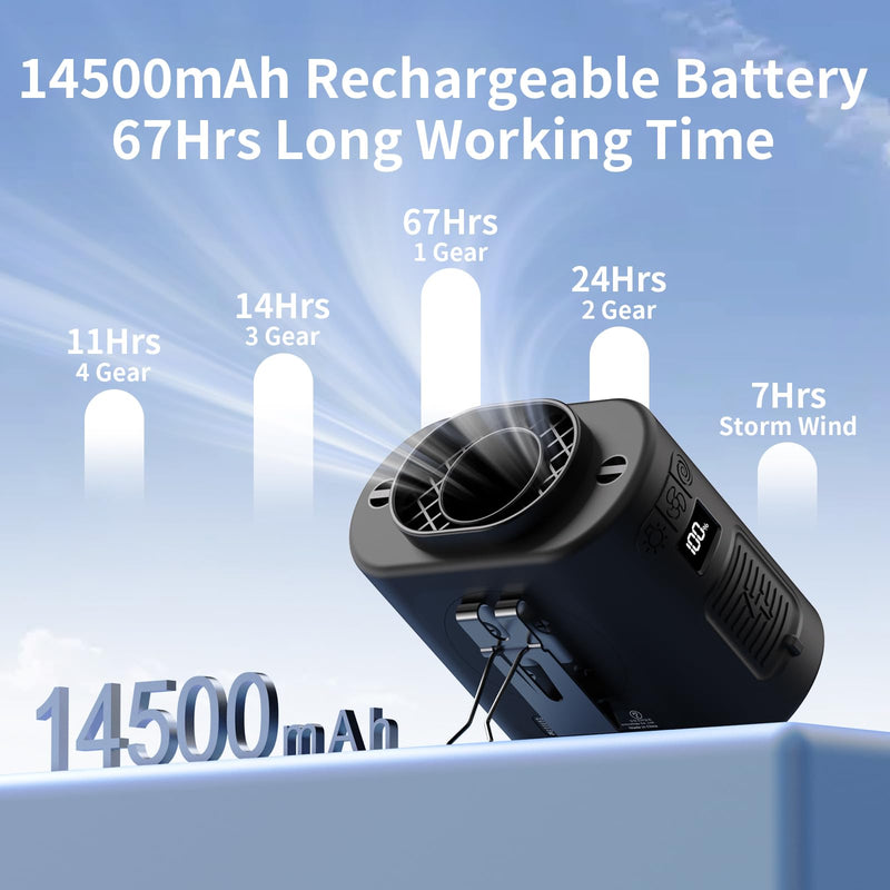 Socool 14500mAh Portable Waist Fan Clip on Belt 360 Rotation Wearable Rechargeable Personal Shirt Fan, 67H Cooling 5-Speed Battery Operated with Light, Neck Fan Hands-Free for Outdoor Jobsite Camping Black 14500.0 Milliamp Hours