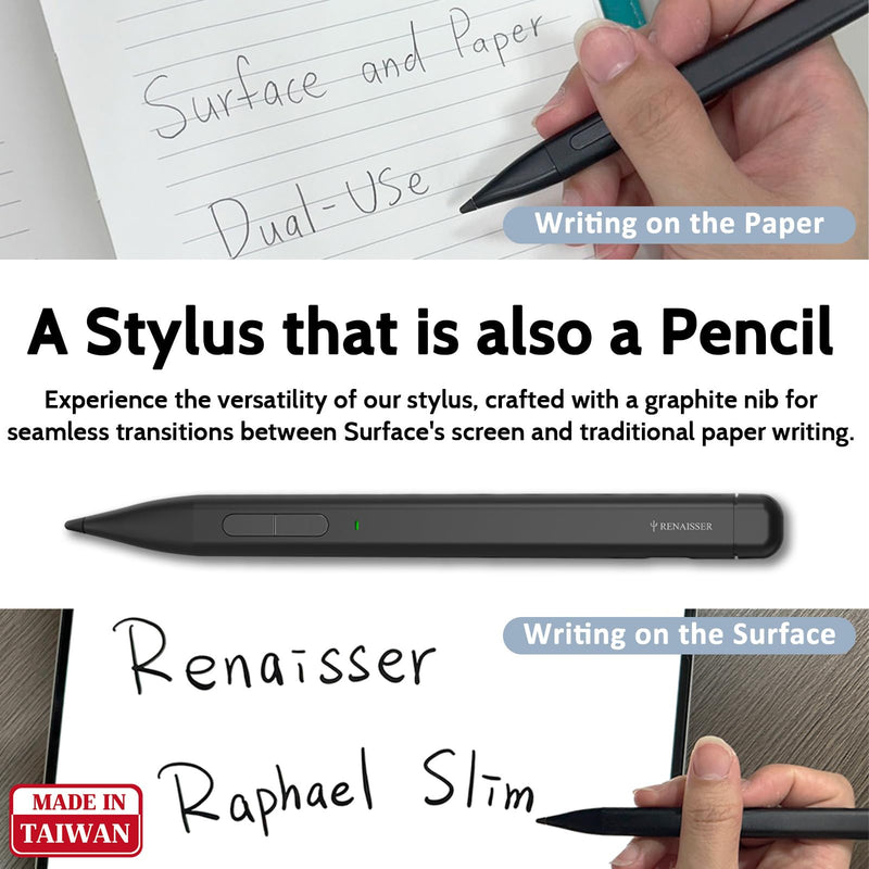 RENAISSER Slim Pen 2 Made for Copilot+ PC Surface Pro 11, Made in Taiwan, Screen-Paper Dual-use Pen Tip, 4096 Pressure of Sensitivity, MPP 2.0, Bluetooth Shortcuts