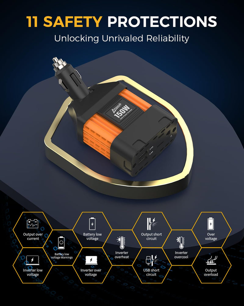 Ampeak 150W Car Power Inverter 12V DC to 120V AC Converter Plug in Adapter with 4.8A Dual USB Ports AC Outlet 11 Safe Protections Cigarette Lighter Adapter Car Laptop Phone Charger for Vehicles 150W Orange