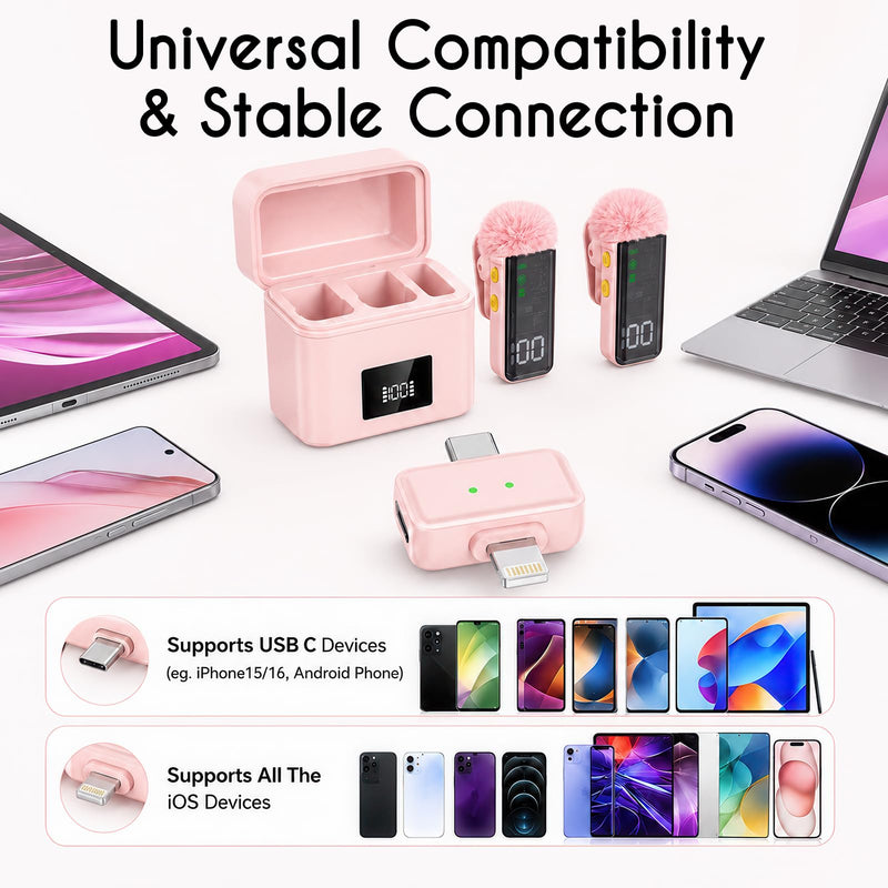 2 Mini Wireless Microphones for iPhone/Android, AI Noise Reduction | Plug & Play, 20H Battery with Charging Case, Portable Clip-On Lavalier Mic for Content Creators, Podcast, Streaming, Vlogging Pink 2
