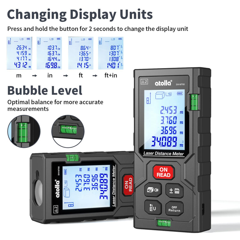 atolla Laser Measure, Digital Laser Distance Meter with 2 Bubble Levels,Portable M/in/Ft Unit Switching Backlit LCD, Measuring Distance/Area/Volume/Pythagorean and Waterproof IP54 (Red Laser) 196 Ft