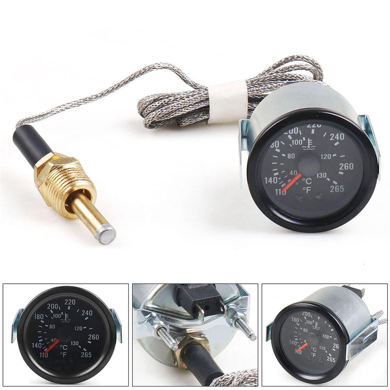 Dyno Racing 2" 52mm 12V Pointer Mechanical Water Temperature Temp Gauge （40-130℃,110-265℉,Yellow Light Car Meter with Sensor NPT 1/2, 1.8m Wire Length