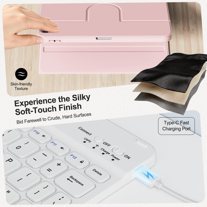 for iPad A16 11th/10th Gen Case with Keyboard, Rotating Folio Cover | 360 Degree Rotating Detachable Rugged Cover & Pencil Holder, Removable Wireless Keypad, Portrait/Landscape Mode, Pink