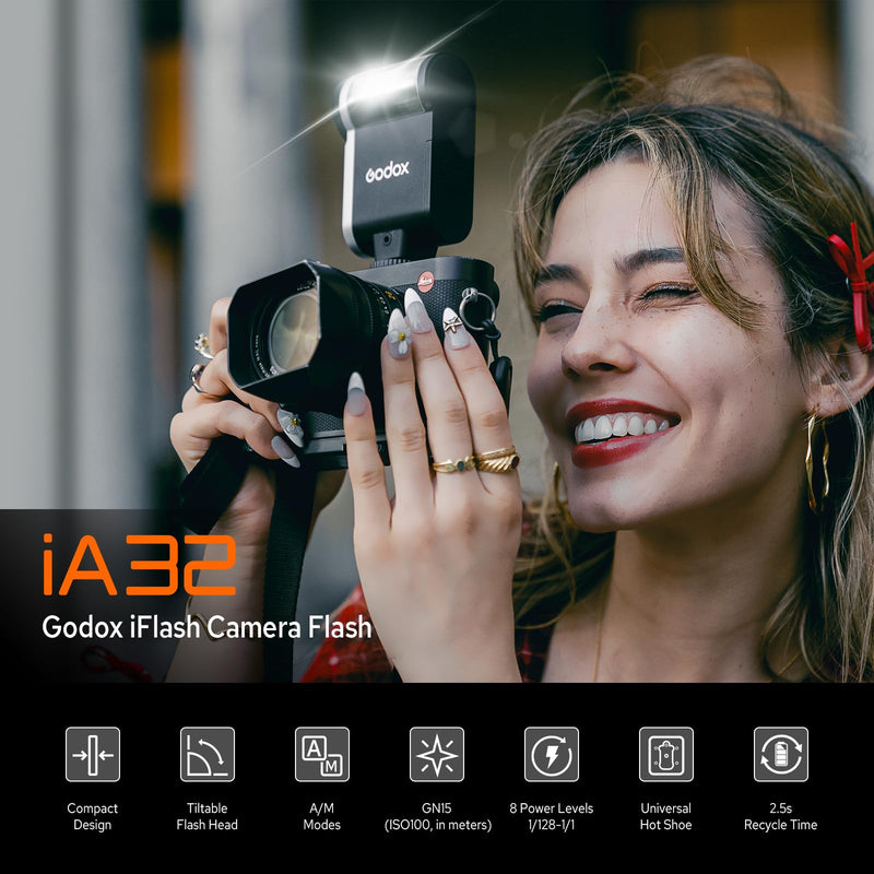Godox iA32 Mini Camera Flash | Automatic Flash GN 15, 8 Power Levels/2.5sRecycle/490 Flash Times/Auto/Manual Modes, for Sony Canon Nikon Fuji Olympus Camera