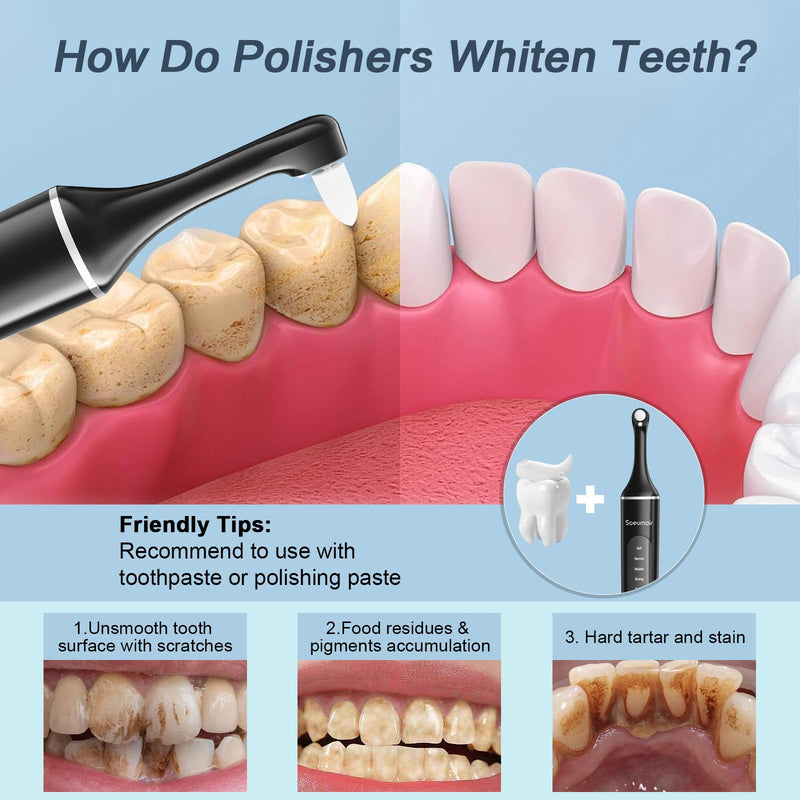 Tooth Polisher,Rechargeable Tooth Whitening Kit for Teeth Cleaning and Whitening, with 8 Brush Heads, LED Light, 5 Speed Modes Dental Polisher Personal Dental Care Kit for Home Use and Travel Black
