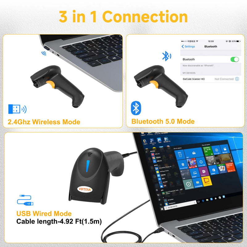 VOTTAN QR 2D Barcode Scanner, Bluetooth & 2.4G Wireless & USB Wired Connect iPad Phone Tablet PC POS, UPC EAN 1D PDF417 Data Matrix 2D Handheld Barcode Scanner