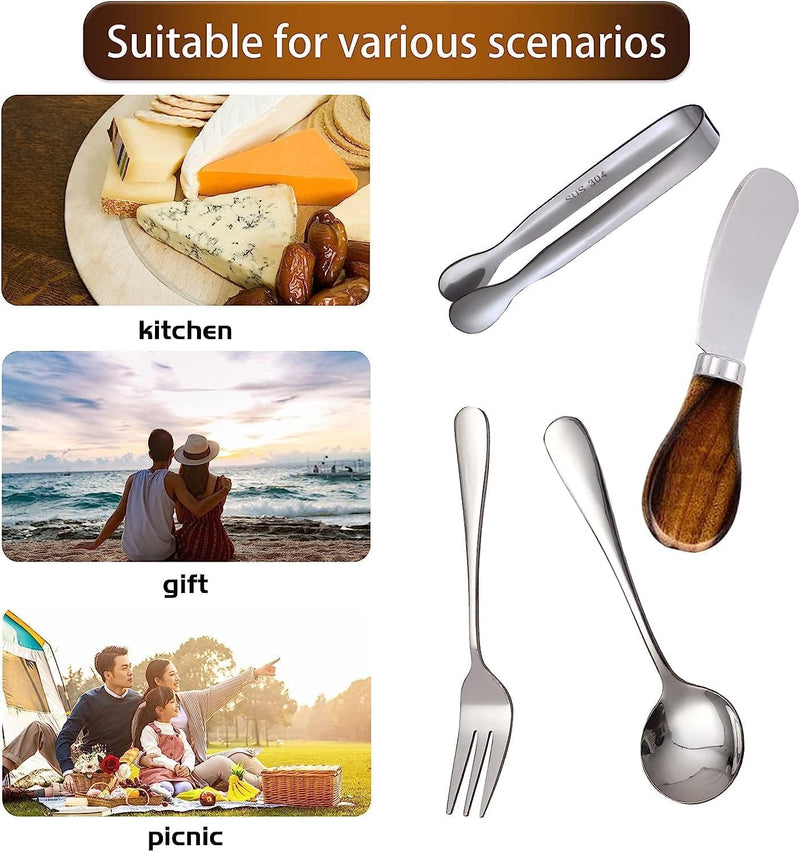 Charcuterie Accessories(25 Psc), Cheese Spreaders For Charcuterie Board, Mini Serving Spoons, Blank Toothpick Flags, Bowl For Christmas Pastry Making, forks And Mini Serving Tongs Silver-Wooden Handle