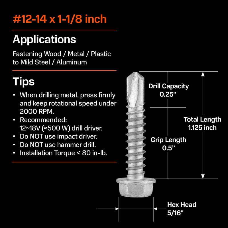 SUNKIN 100PCS Self Tapping Screws for Metal, Bi-Metal Stainless Steel 304 Rustproof, #12 x 1-1/8" Hex Head, Hardened Self Drilling Tip for Steel, Extreme Long Service Life #12 x 1-1/8 inch (100 pcs)